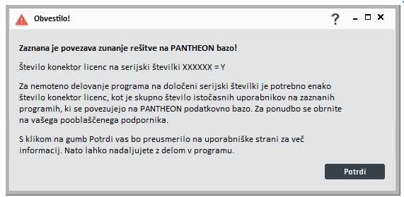 [OBVESTILO] Preverjanje PANTHEON konektor licenc